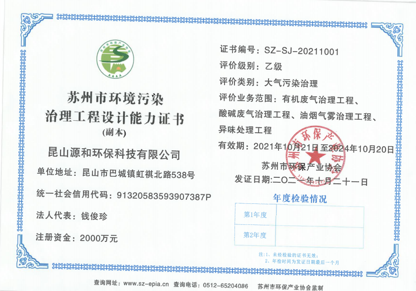 蘇州環境汙染治理工程設計能力（lì）證書